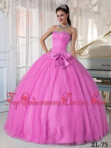 Rose Pink Ball Gown Sweetheart Floor-length Tulle Beading and Bowknot Quinceanera Dress