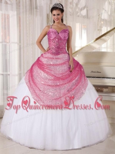 Rose Pink and White Spaghetti Straps Floor-length Appliques Quinceanera Dress