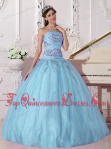 Sky Blue Ball Gown Strapless Floor-length Taffeta and Tulle Beading Quinceanera Dress