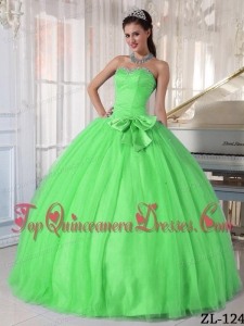 Spring Green Ball Gown Sweetheart Floor-length Tulle Beading and Bowknot Quinceanera Dress