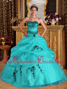 Turquoise Ball Gown Sweetheart Floor-length Satin and Organza Embroidery Quinceanera Dress