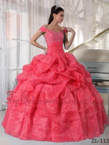 Watermelon Ball Gown Off The Shoulder Floor-length Taffeta and Organza Beading Quinceanera Dress