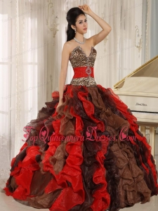 Wholesale Multi-color 2013 Quinceanera Dress V-neck Ruffles With Leopard and Beading