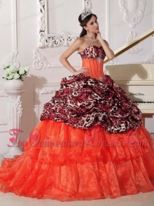 Orange Red Ball Gown Sweetheart Sweep / Brush Train Leopard and Organza Appliques Quinceanera Dress