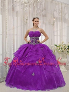 Purple Ball Gown Strapless Floor-length Organza Beading Quinceanera Dress