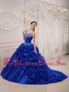 Royal Blue Ball Gown Spaghetti Straps Court Train Organza Beading Quinceanera Dress