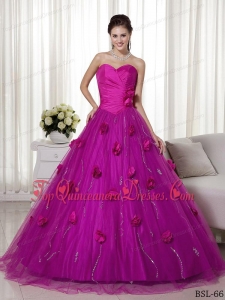 A-line Sweetheart Brush Train Tulle and Taffeta Hand Made Flowers Prom Dress