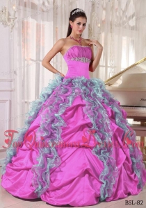 Ball Gown Strapless Floor-length Organza and Taffeta Beading and Ruffles Quinceanera Gowns