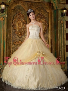 Champagne Ball Gown Strapless Floor-length Appliques Tulle Quinceanera Dress