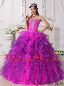 Fuchsia Ball Gown Sweetheart Floor-length Satin and Organza Embroidery Quinceanera Dress