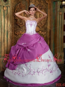 Fuchsia and White Strapless Floor-length Embroidery Satin Quinceanera Dress