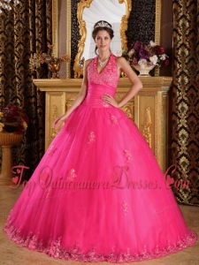 Hot Pink Ball Gown Halter Floor-length Appliques Tulle Quinceanera Dress