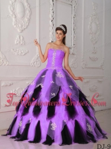 Lilac and Black A-Line / Princess Strapless Floor-length Organza Appliques Quinceanera Dress