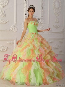 Multi-Color Ball Gown Strapless Floor-length Organza Hand Flowers and Ruffles Quinceanera Dress