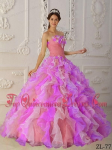 Multi-Color Ball Gown Strapless Floor-length Organza Hand Flowers and Ruffles Quinceanera Dress