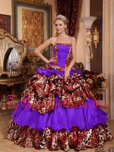 Purple Ball Gown Strapless Floor-length Taffeta and Leopard Pick-ups Quinceanera Dress