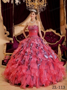Watermelon Ball Gown Sweetheart Floor-length Beading Leopard and Organza Quinceanera Dress