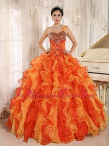 Custom Made Orange One Shoulder Beaded Decorate Ruffles Quinceanera Dress In Spring