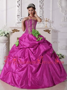 Fuchsia Ball Gown Strapless Floor-length Taffeta Beading and Hand Made Flowers Quinceanera Dress
