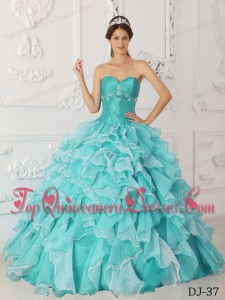 New Style Aqua Blue A-Line / Princess Sweetheart Floor-length Taffeta and Organza Beading Quinceanera Dress