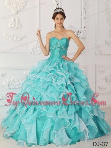 New Style Aqua Blue A-Line / Princess Sweetheart Floor-length Taffeta and Organza Beading Quinceanera Dress