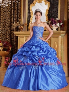 New Style Aqua Blue Ball Gown Strapless Floor-length Pick-ups Taffeta Quinceanera Dress