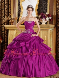 New Style Fuchsia Ball Gown Strapless Floor-length Taffeta Appliques Quinceanera Dress