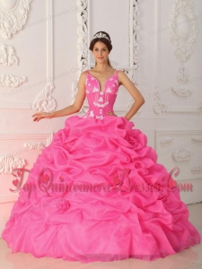 New Style Hot Pink Ball Gown Straps Floor-length Satin and Organza Appliques Quinceanera Dress
