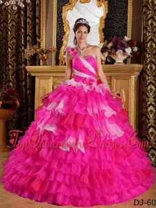 New Style Hot Pink and White One Shoulder Ruffles and Beading Quinceanera Dress