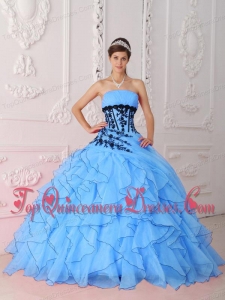 New Style Sweet Strapless Floor-length Appliques and Ruffles Aqua Blue Quinceanera Dress