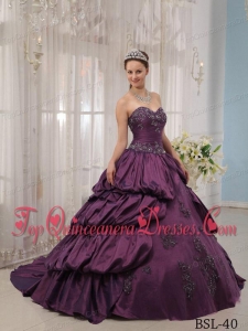 Purple Ball Gown Sweetheart Court Train Taffeta Appliques Perfect Quinceanera Dress
