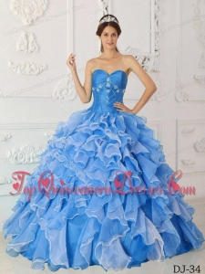 Blue A-Line / Princess Sweetheart Floor-length Taffeta and Organza Beading Quinceanera Dress