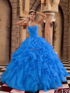 Blue Ball Gown Sweetheart Floor-length Ruffles Organza Quinceanera Dress