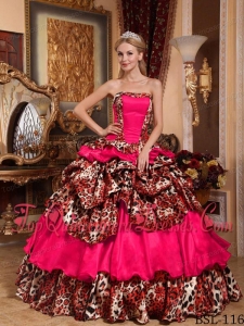 Coral Red Ball Gown Strapless Floor-length Taffeta and Leopard Pick-ups Perfect Quinceanera Dress