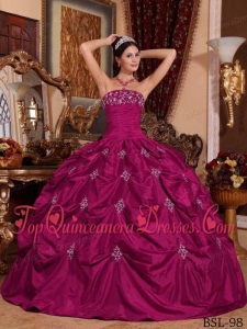 Fuchsia Ball Gown Strapless Floor-length Taffeta Appliques Perfect Quinceanera Dress
