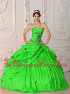 Green Ball Gown Strapless Floor-length Taffeta Appliques Perfect Quinceanera Dress