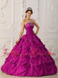 Lovely Fuchsia Ball Gown Strapless Floor-length Taffeta Appliques and Beading Quinceanera Dress