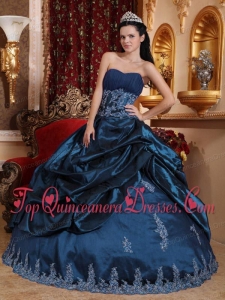 Navy Blue Ball Gown Sweetheart Floor-length Taffeta Appliques Perfect Quinceanera Dress