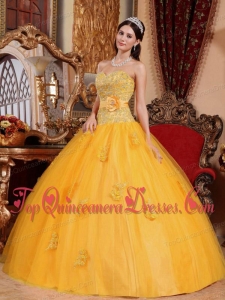 New Style Gold Ball Gown Sweetheart Floor-length Tulle Appliques Quinceanera Dress