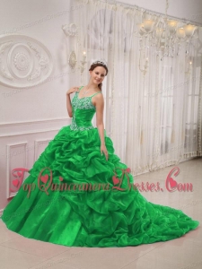 New Style Green Ball Gown Spaghetti Straps Court Train Organza Beading Quinceanera Dress