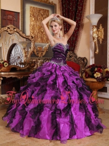 New Style Purple and Black Sweetheart Organza Beading and Ruffles Quinceanera Dress