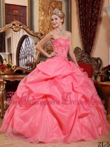 New Style Watermelon Ball Gown Strapless Floor-length Organza Appliques Quinceanera Dress