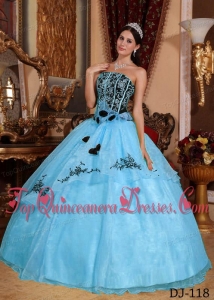 Popular Blue and Black Strapless Floor-length Organza Embroidery Quinceanera Dress