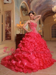 Popular Coral Red Ball Gown Spaghetti Straps Floor-length Organza Embroidery Quinceanera Dress