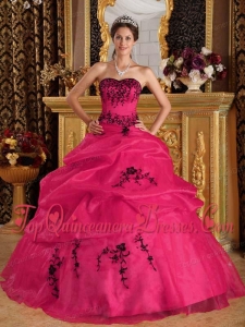 Popular Coral Red Ball Gown Sweetheart Floor-length Satin and Organza Embroidery Quinceanera Dress
