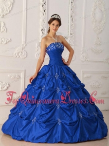 Popular Dark Blue Ball Gown Strapless Floor-length Taffeta Appliques and Beading Quinceanera Dress