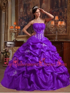 Popular Purple Ball Gown Strapless Floor-length Appliques Taffeta Quinceanera Dress