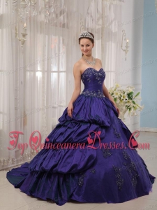 Popular Purple Ball Gown Sweetheart Court Train Taffeta Appliques Quinceanera Dress