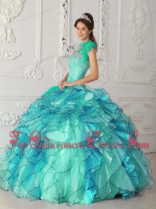 Popular sTurquoise Ball Gown Strapless Floor-length Satin and Organza Beading Quinceanera Dress