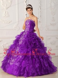 Purple Ball Gown Strapless Floor-length Satin and Organza Embroidery Perfect Quinceanera Dress